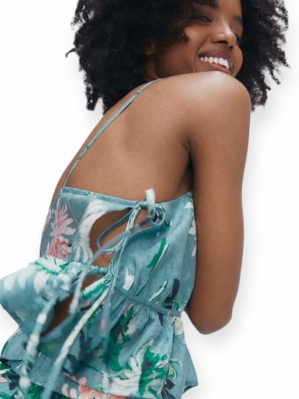 H&M Teal Floral Print Tie-Side Tank Top NWT